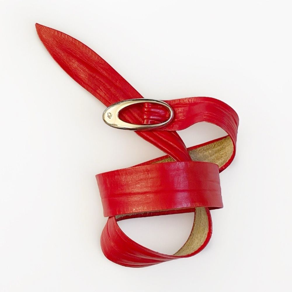 VINTAGE CHRISTIAN DIOR RED LEATHER SILVER CIRCLE BUCKLE BELT